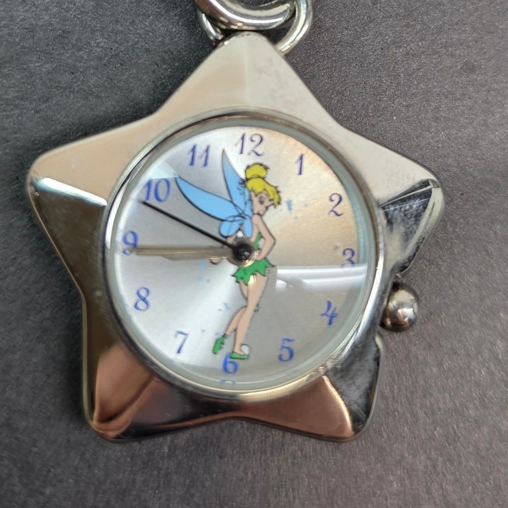 Disney Time Works Tinker Bell Keychain Watch Silver Star Shape Clip On, Works
